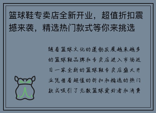篮球鞋专卖店全新开业，超值折扣震撼来袭，精选热门款式等你来挑选