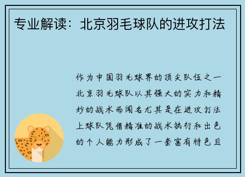 专业解读：北京羽毛球队的进攻打法