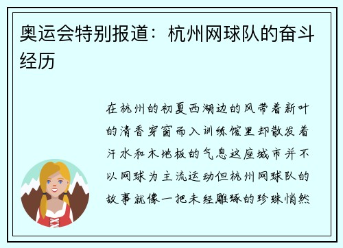 奥运会特别报道：杭州网球队的奋斗经历