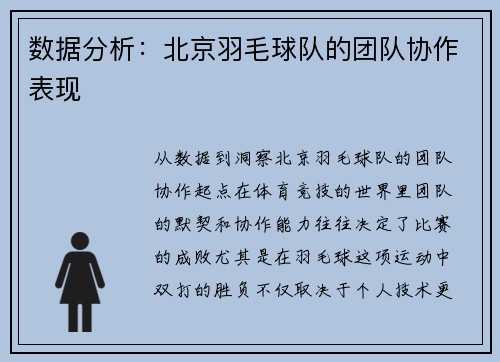 数据分析：北京羽毛球队的团队协作表现